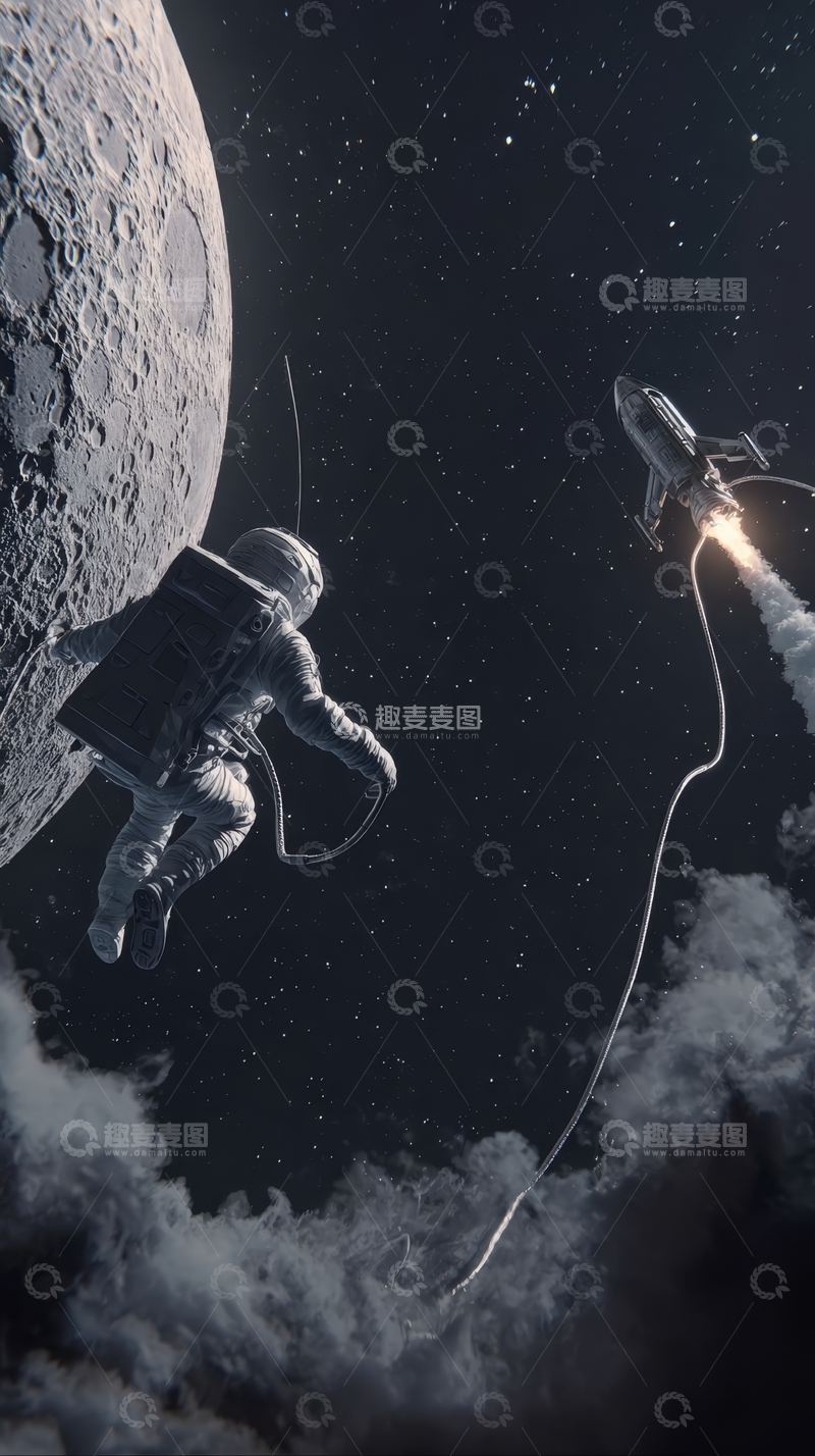 高清大图下载【趣麦麦图】宇航员太空行走，火箭飞离月球