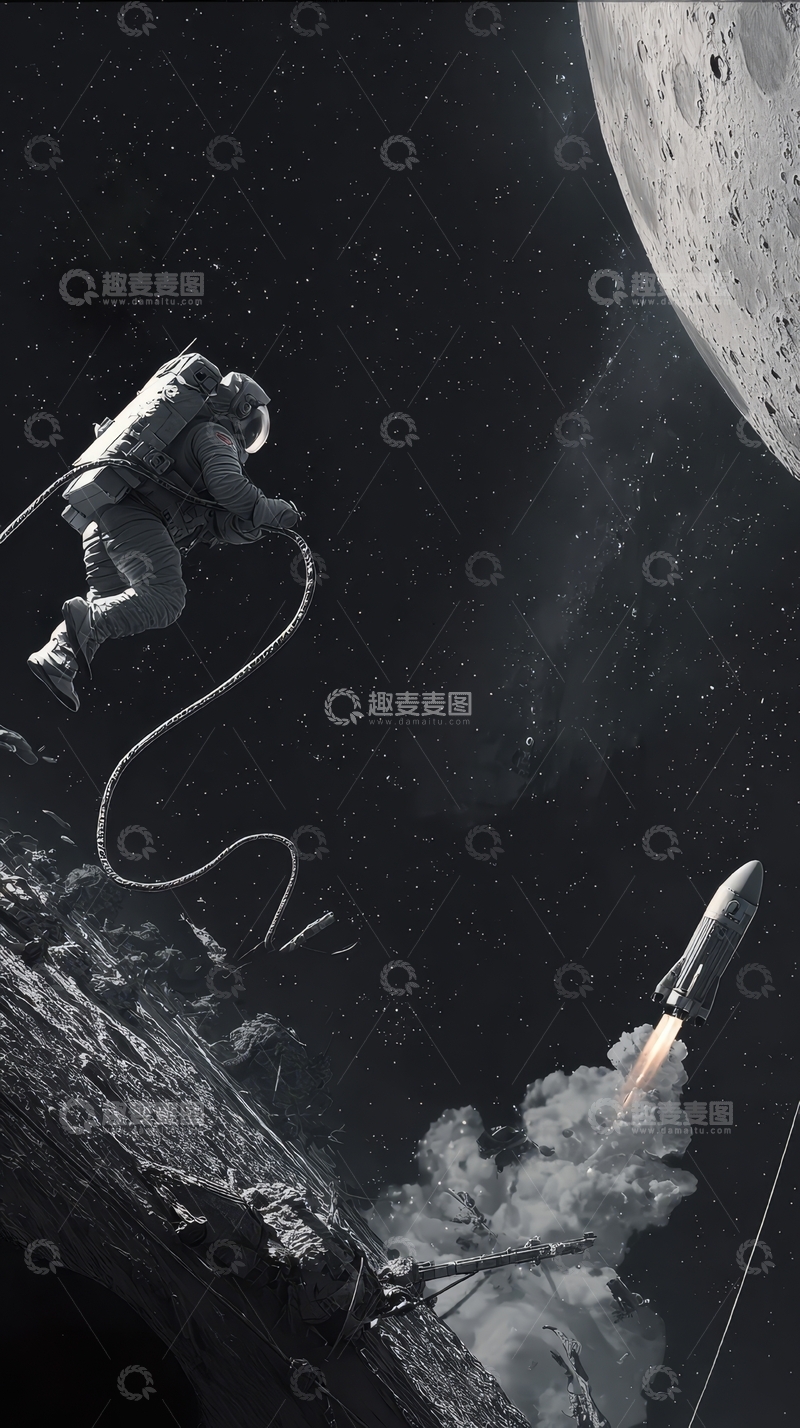 高清大图下载【趣麦麦图】宇航员太空行走，火箭升空