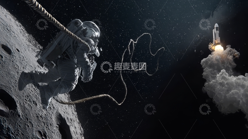 高清大图下载【趣麦麦图】宇航员在月球表面观察火箭发射