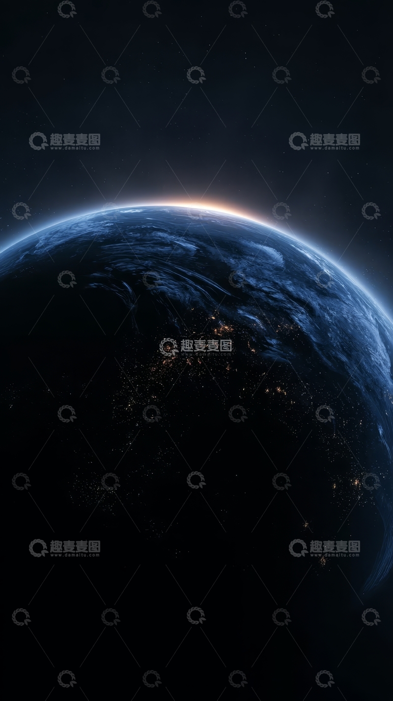 高清大图下载【趣麦麦图】地球夜景，城市灯光与海洋波纹