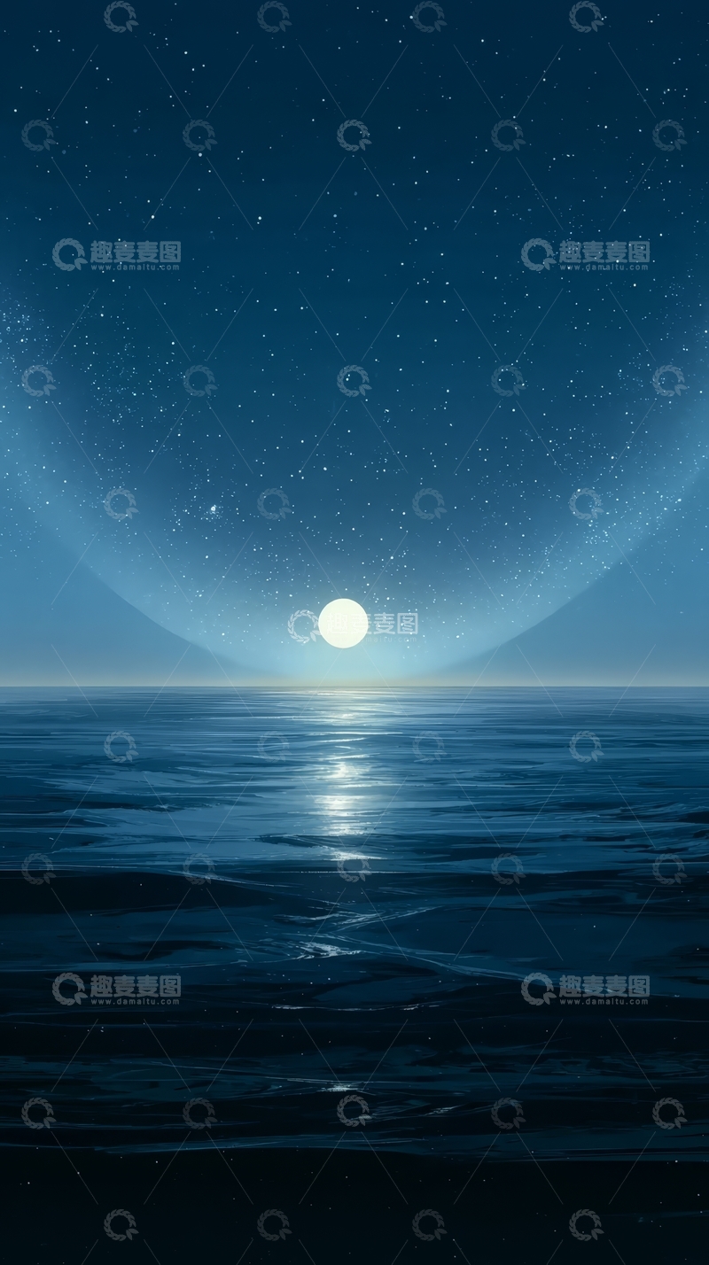 高清大图下载【趣麦麦图】夜空下的海洋与明月