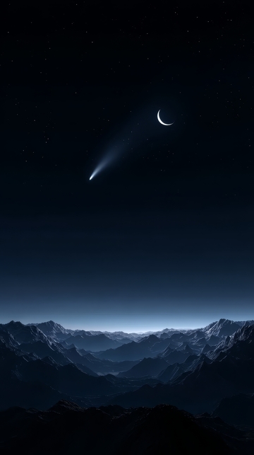 夜空下的彗星与新月