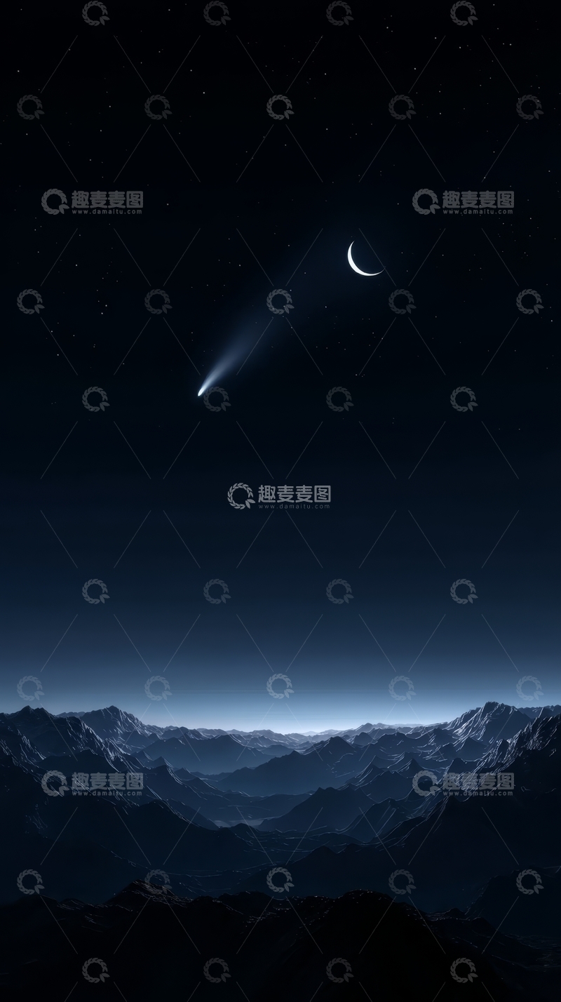高清大图下载【趣麦麦图】夜空下的彗星与新月