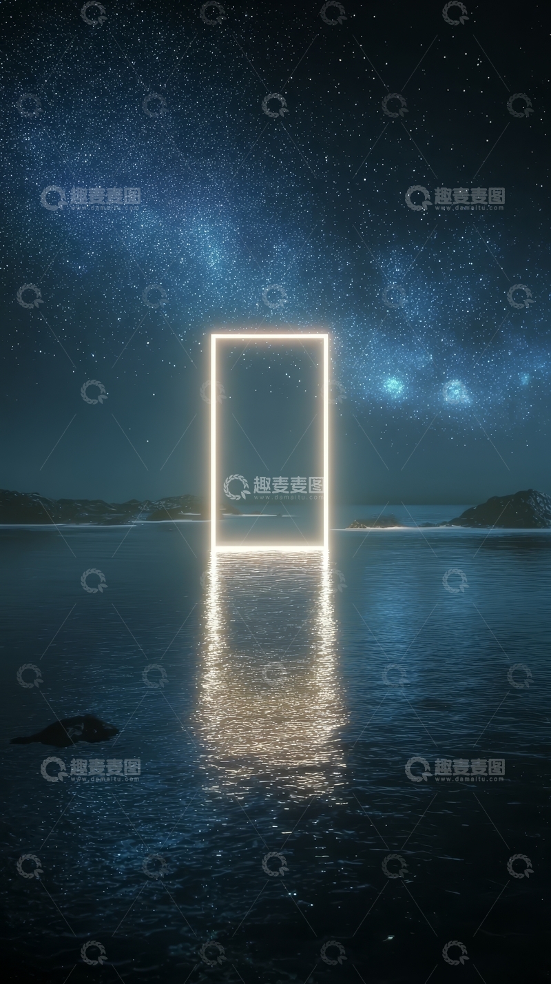 高清大图下载【趣麦麦图】星空下的发光门框倒映水中