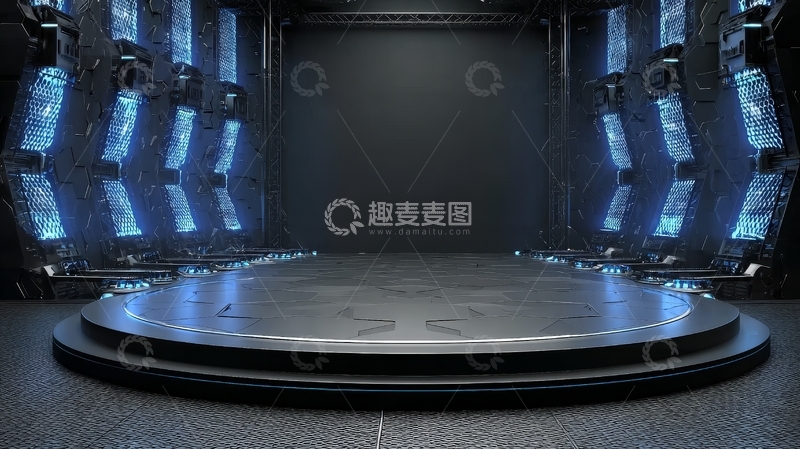 高清大图下载【趣麦麦图】未来科技舞台，蓝色灯光环绕
