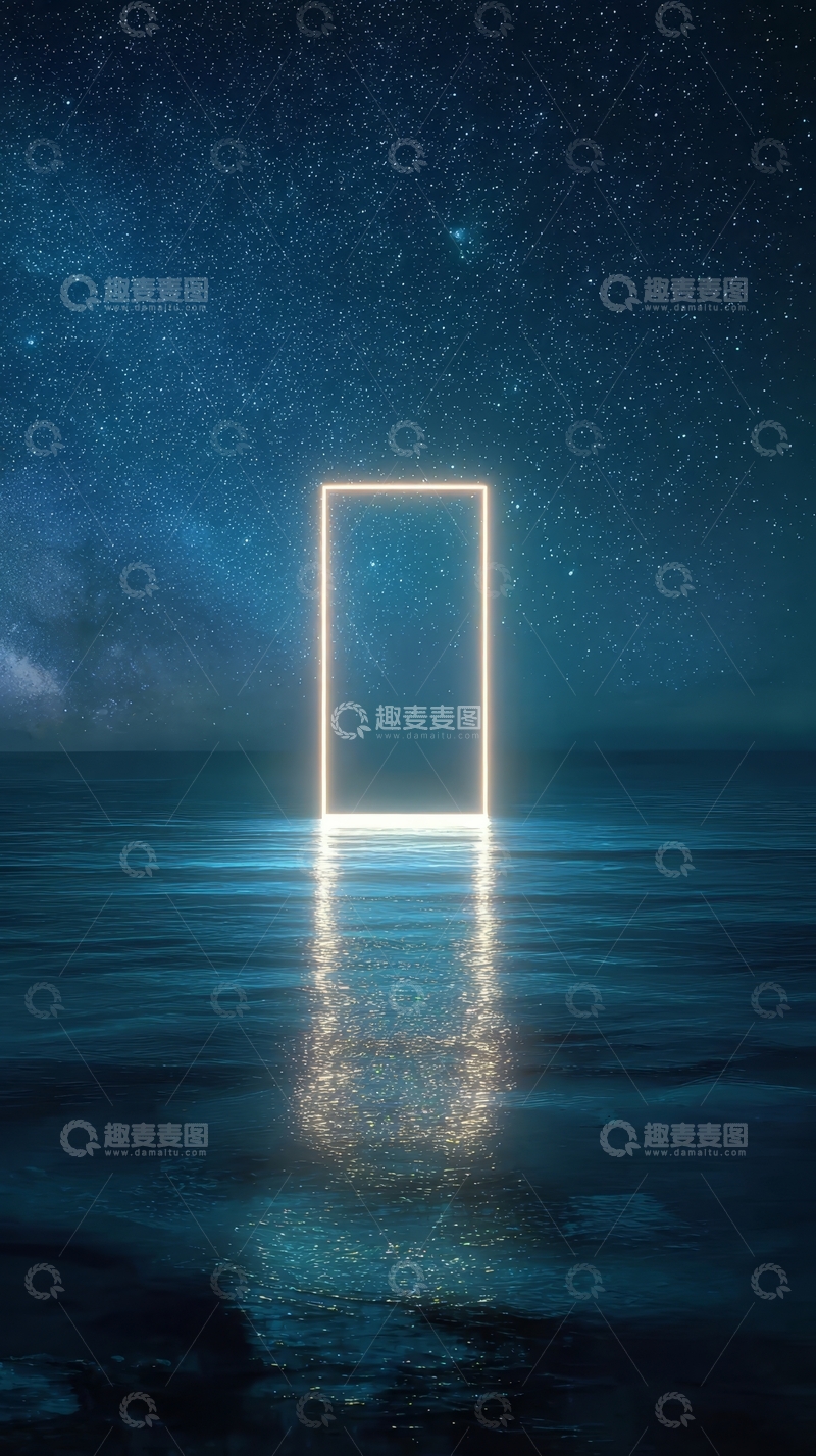 高清大图下载【趣麦麦图】夜海中的发光门框