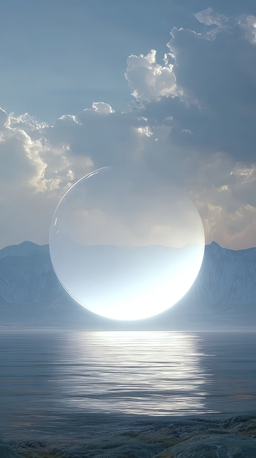 湖面悬浮透明球体，云层映衬梦幻景象