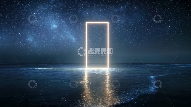 高清大图下载【趣麦麦图】星空下的发光门框倒映在海面
