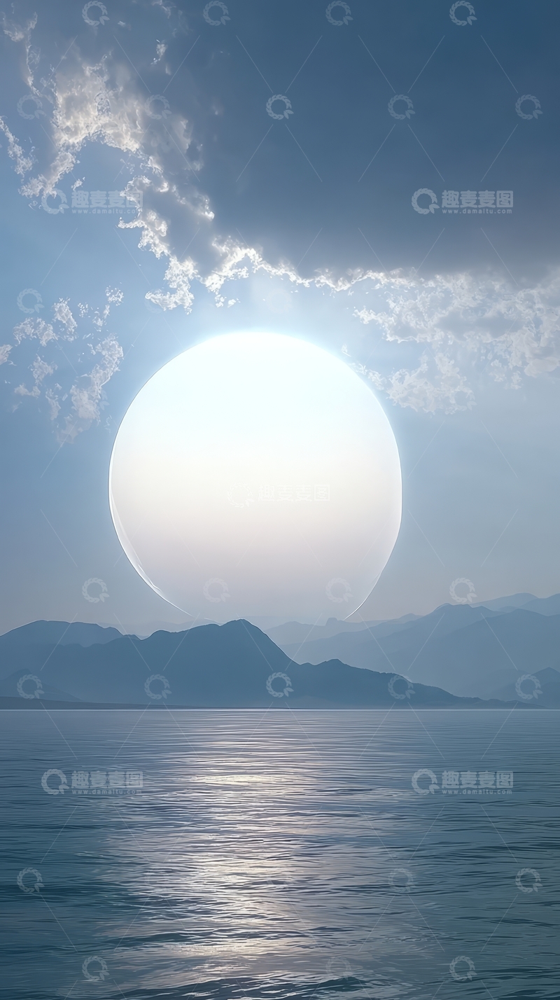 高清大图下载【趣麦麦图】日出海面，山峦剪影