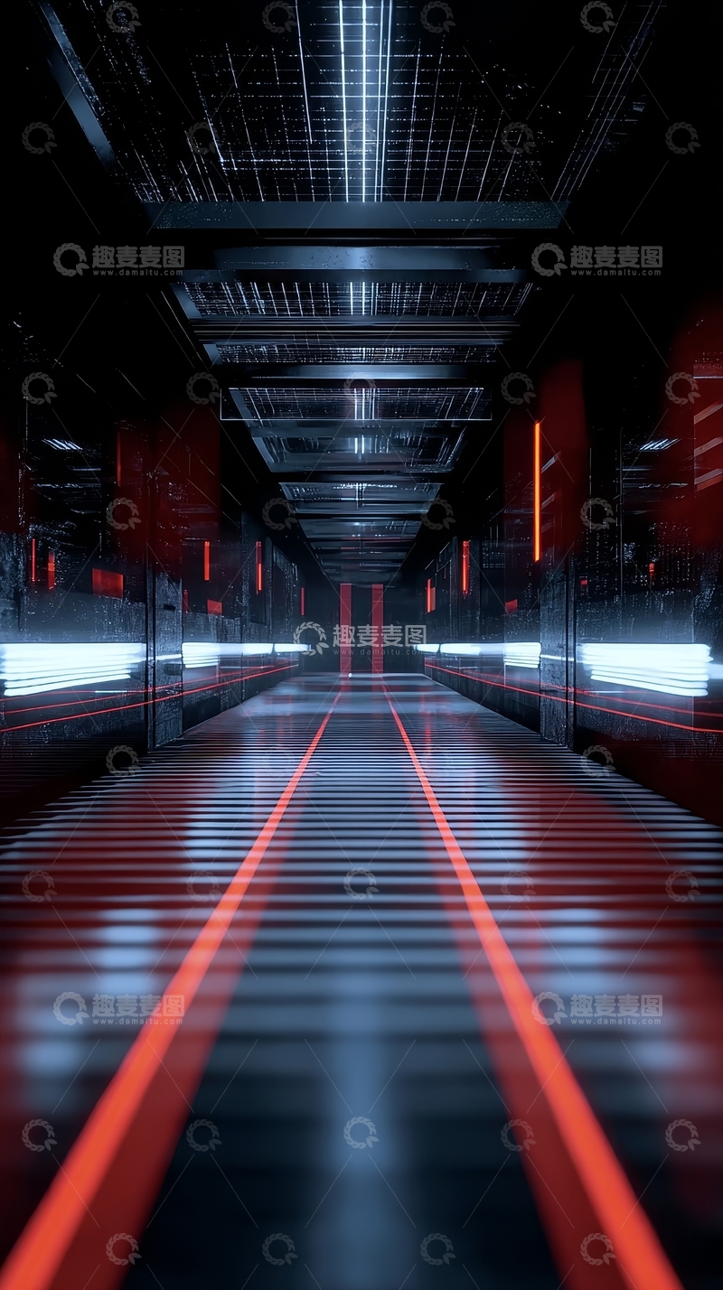 高清大图下载【趣麦麦图】未来科技走廊，红色光线贯穿