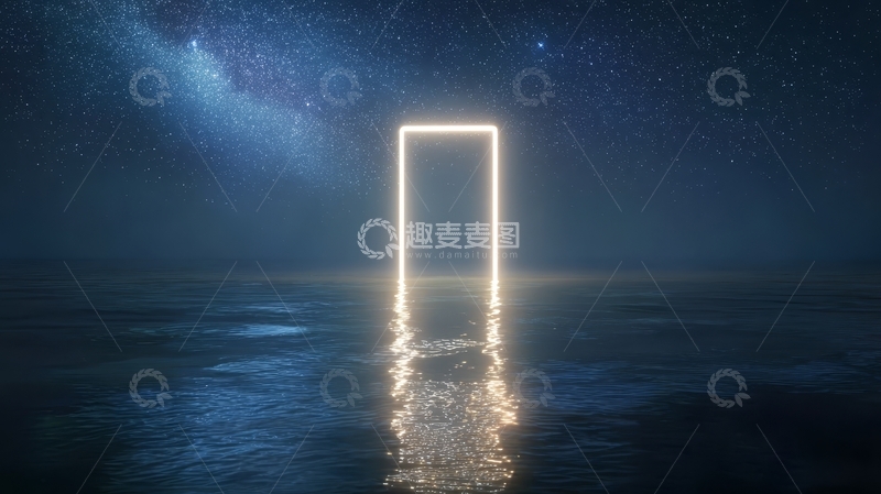 高清大图下载【趣麦麦图】夜空下的发光门框倒映在海面