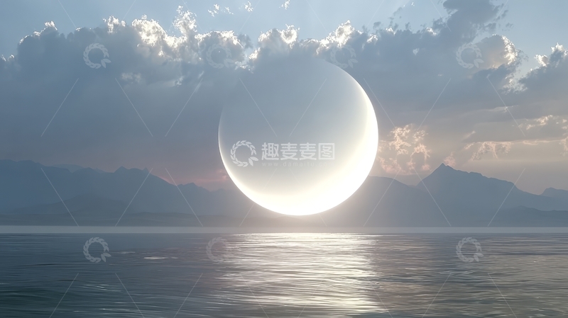 高清大图下载【趣麦麦图】湖面映月，云山相接的梦幻景象