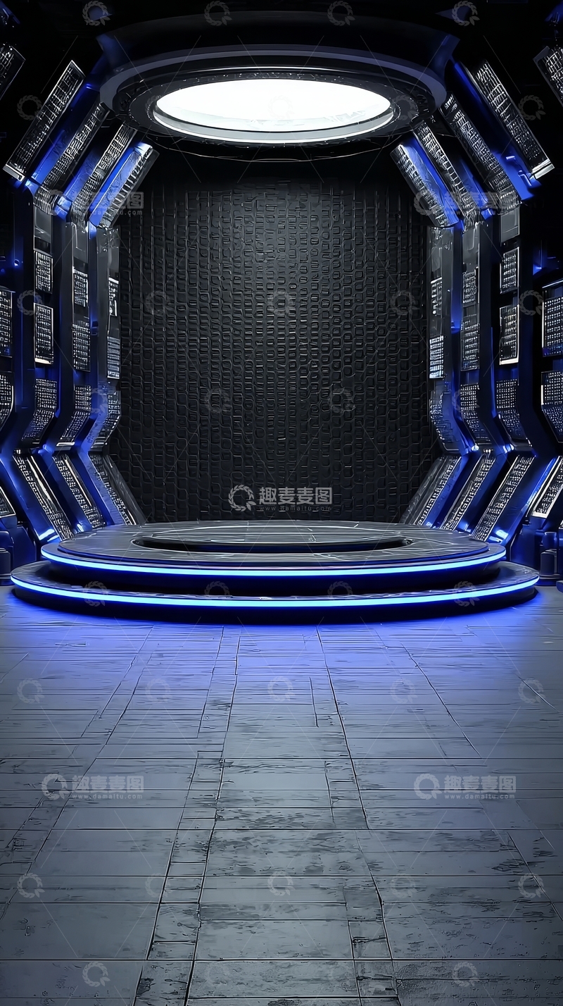 高清大图下载【趣麦麦图】未来科技走廊，蓝色灯光映衬的神秘空间