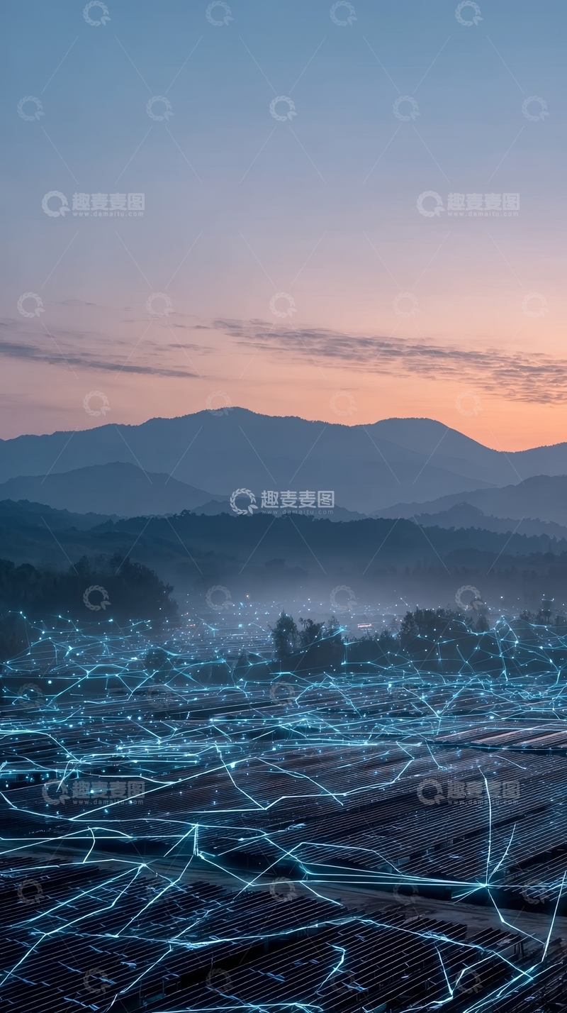 高清大图下载【趣麦麦图】暮色山峦与蓝光交织的田野