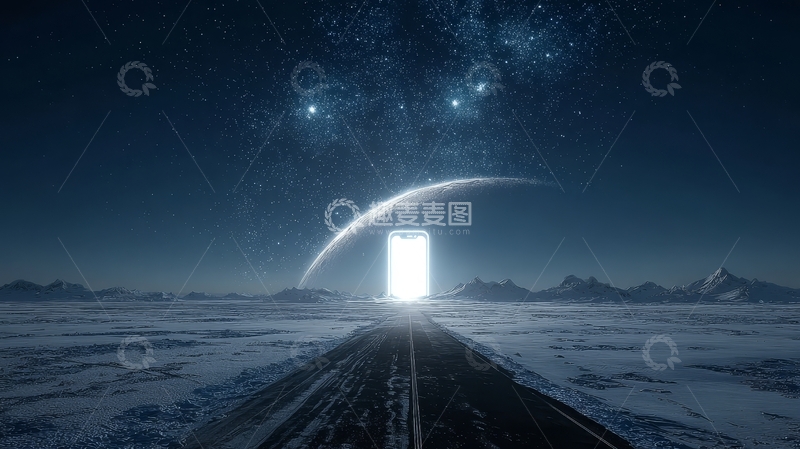 高清大图下载【趣麦麦图】神秘光门与弧形星球的奇幻景象