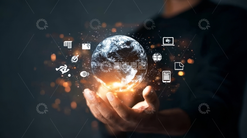 高清大图下载【趣麦麦图】手托地球，环绕科技图标