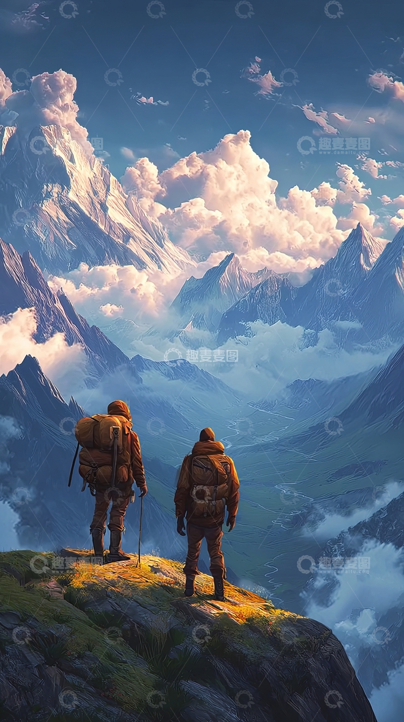 高清大图下载【趣麦麦图】两名登山者眺望雪山峡谷