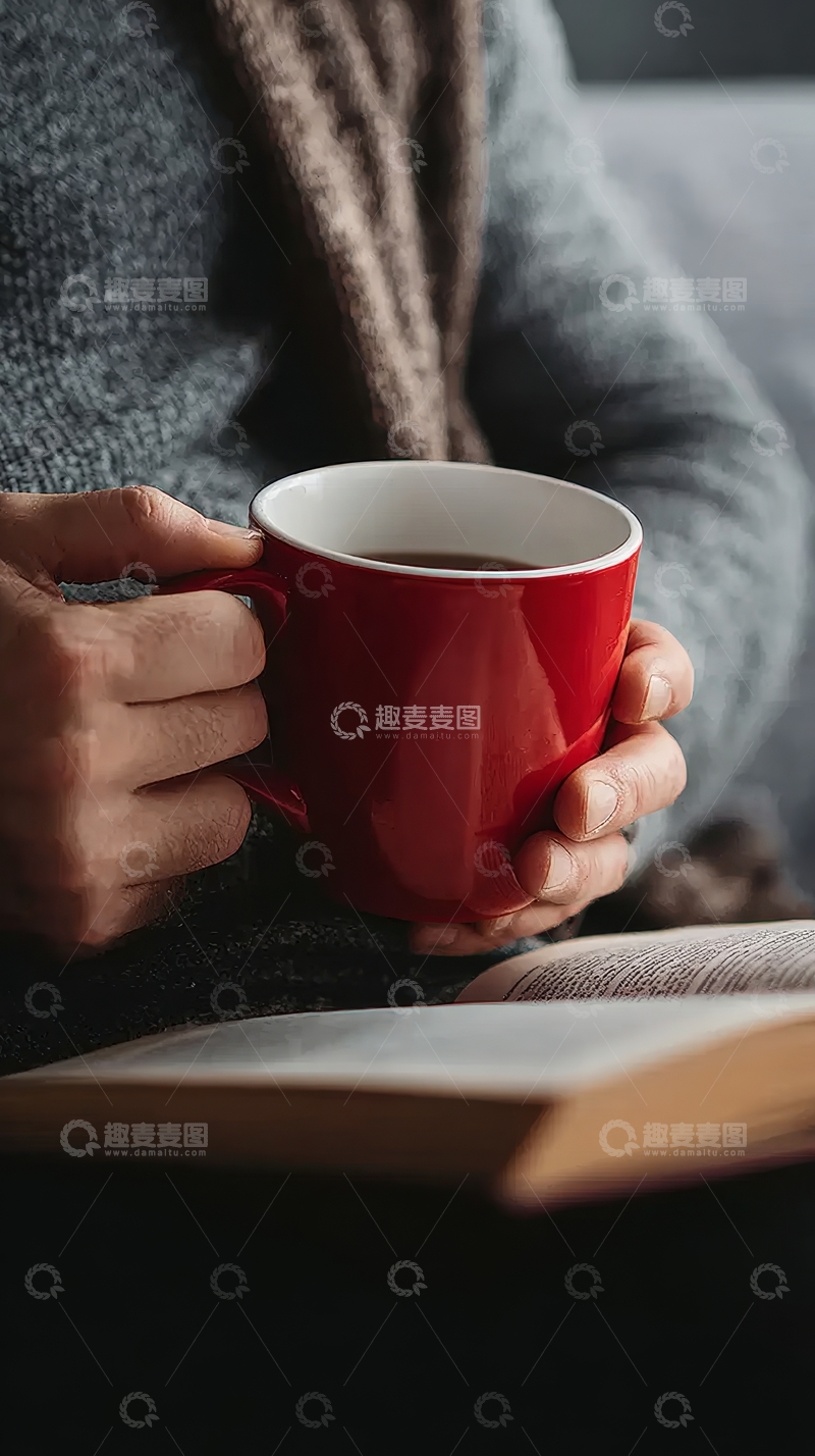 高清大图下载【趣麦麦图】双手捧着红色杯子阅读书籍