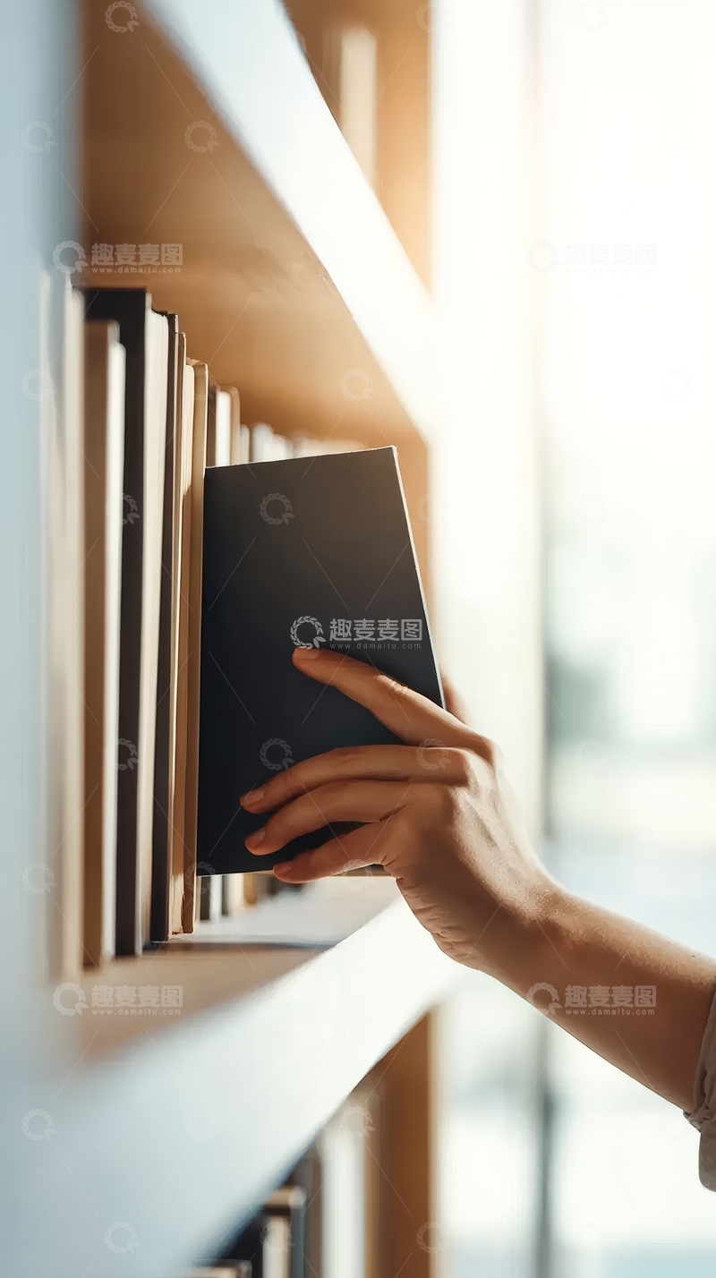 高清大图下载【趣麦麦图】手从书架上取下一本黑色书籍