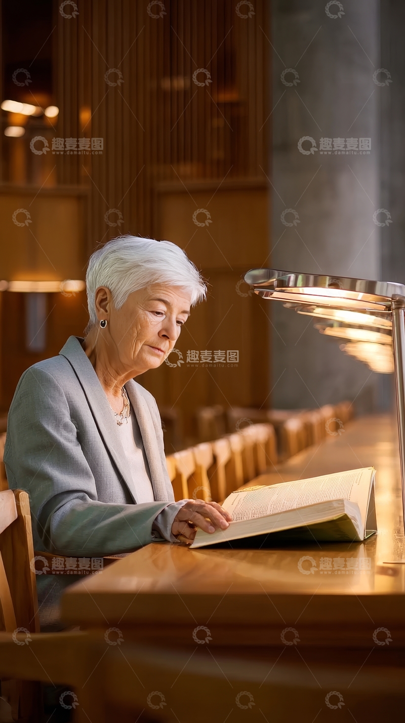 高清大图下载【趣麦麦图】老年女性在图书馆阅读书籍