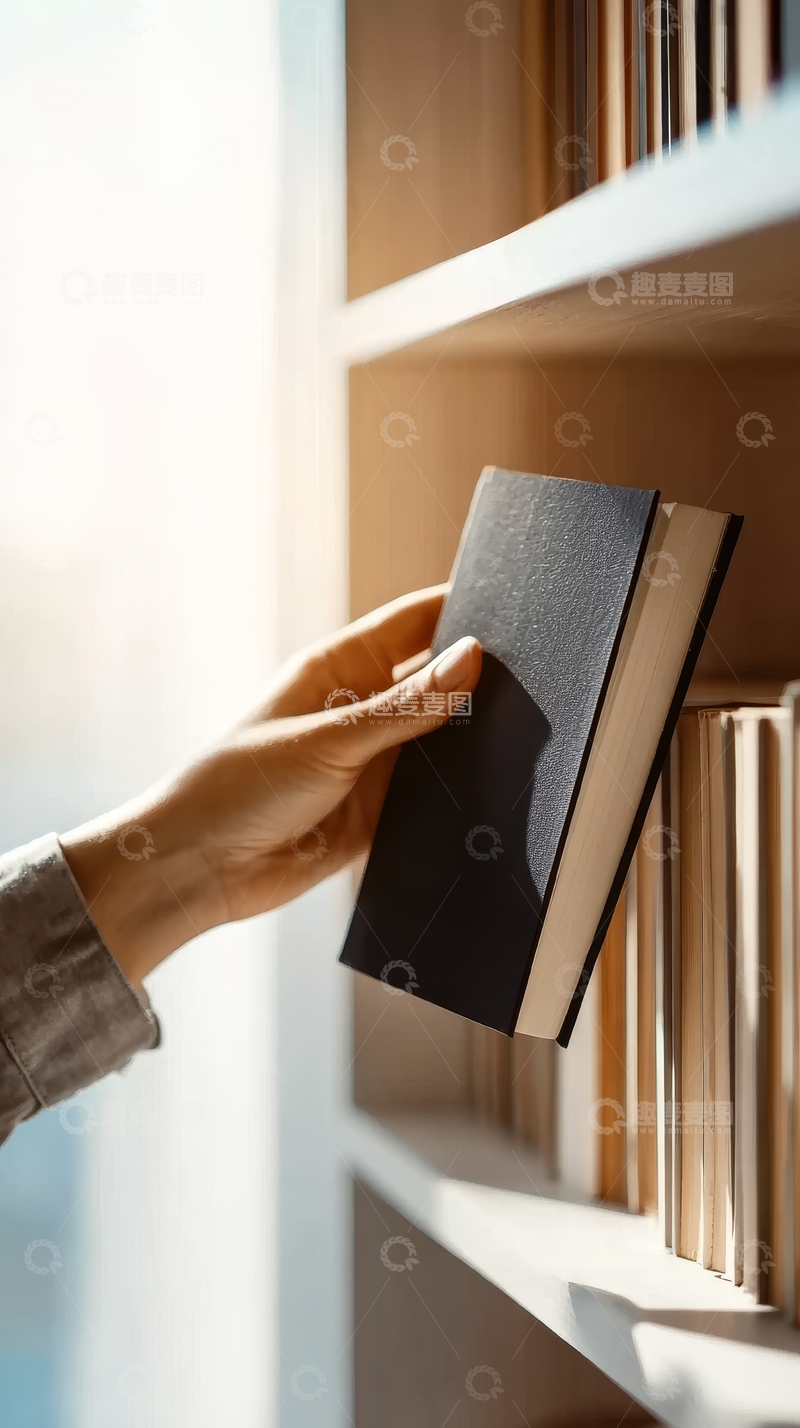 高清大图下载【趣麦麦图】手从书架上取下一本黑色书籍
