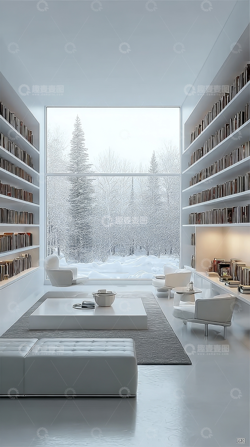 高清大图下载【趣麦麦图】现代简约书房窗外雪景
