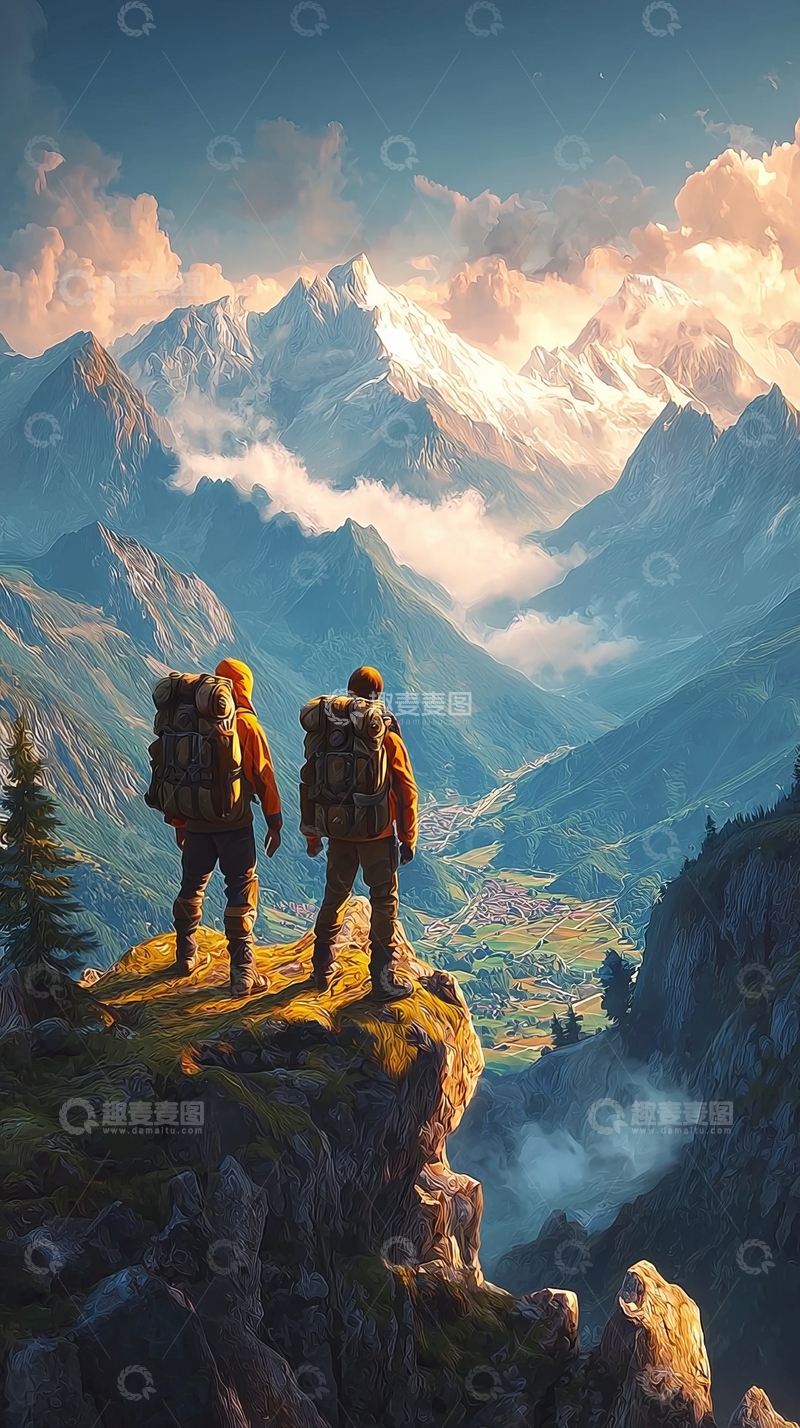 高清大图下载【趣麦麦图】两人站在山崖上眺望雪山