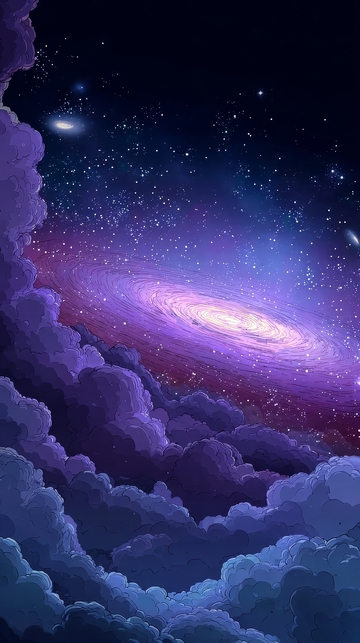 星空下的紫色星系与云层