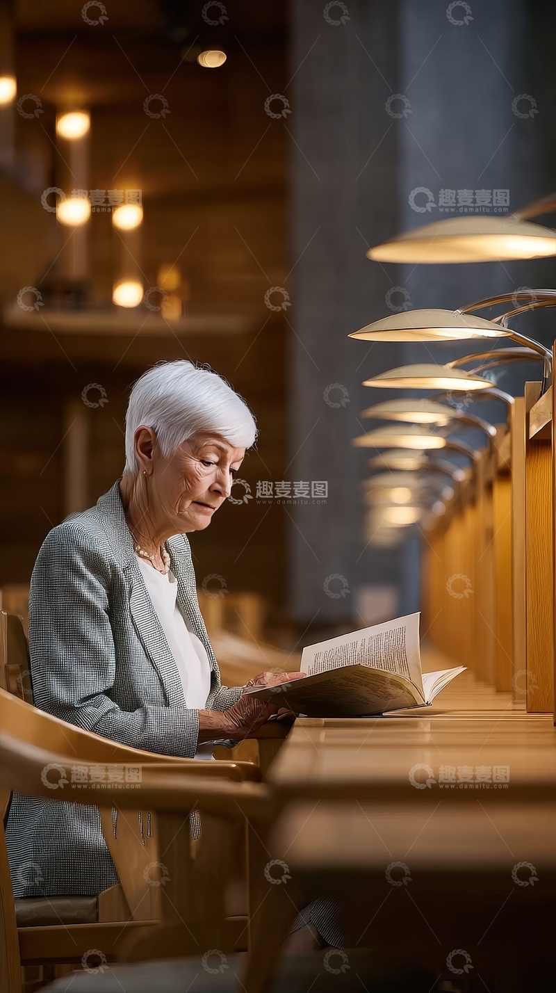 高清大图下载【趣麦麦图】老年女性在图书馆阅读书籍