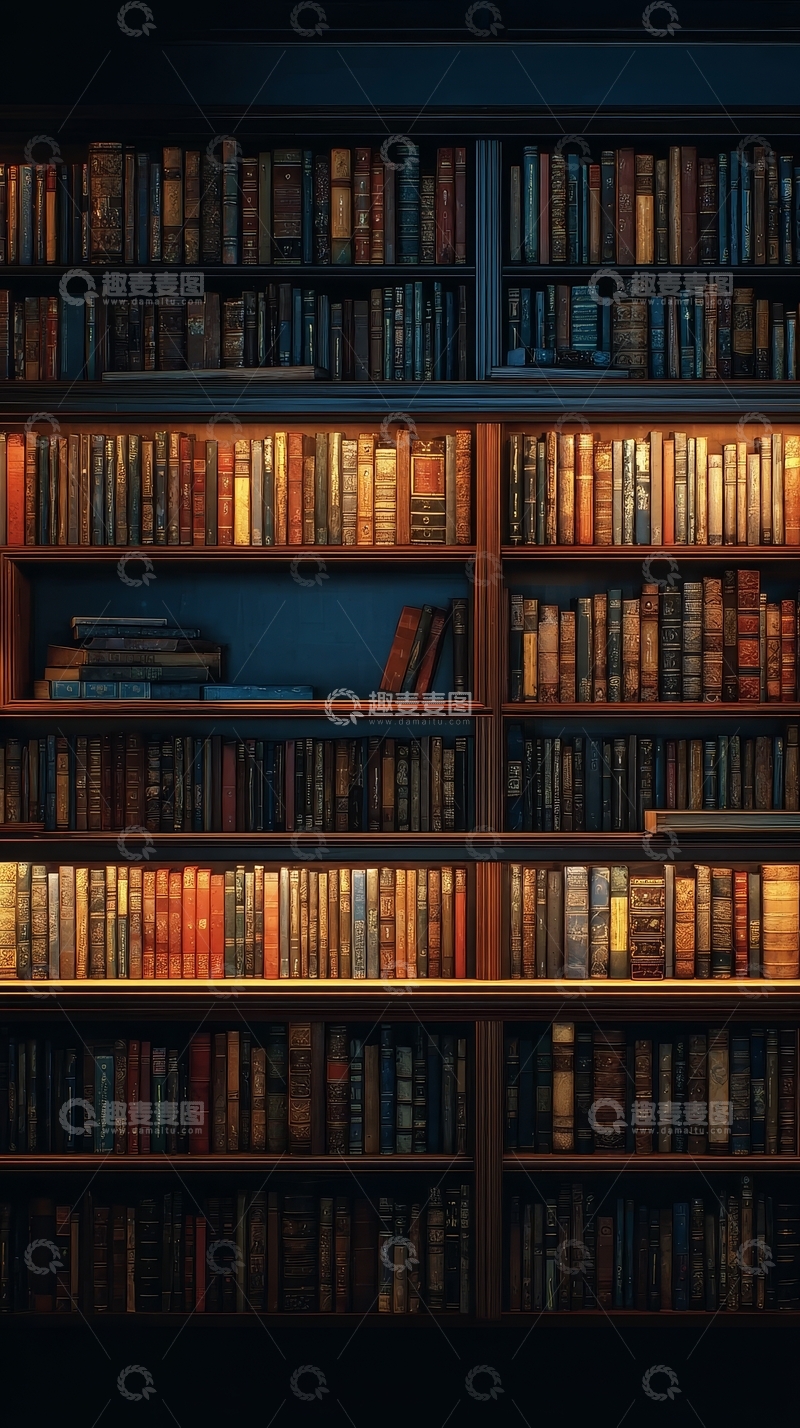 高清大图下载【趣麦麦图】书架上排列整齐的书籍
