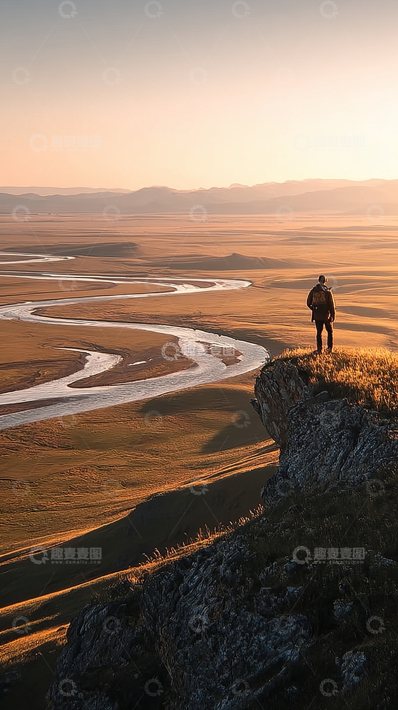 高清大图下载【趣麦麦图】一人站在悬崖上俯瞰蜿蜒河流