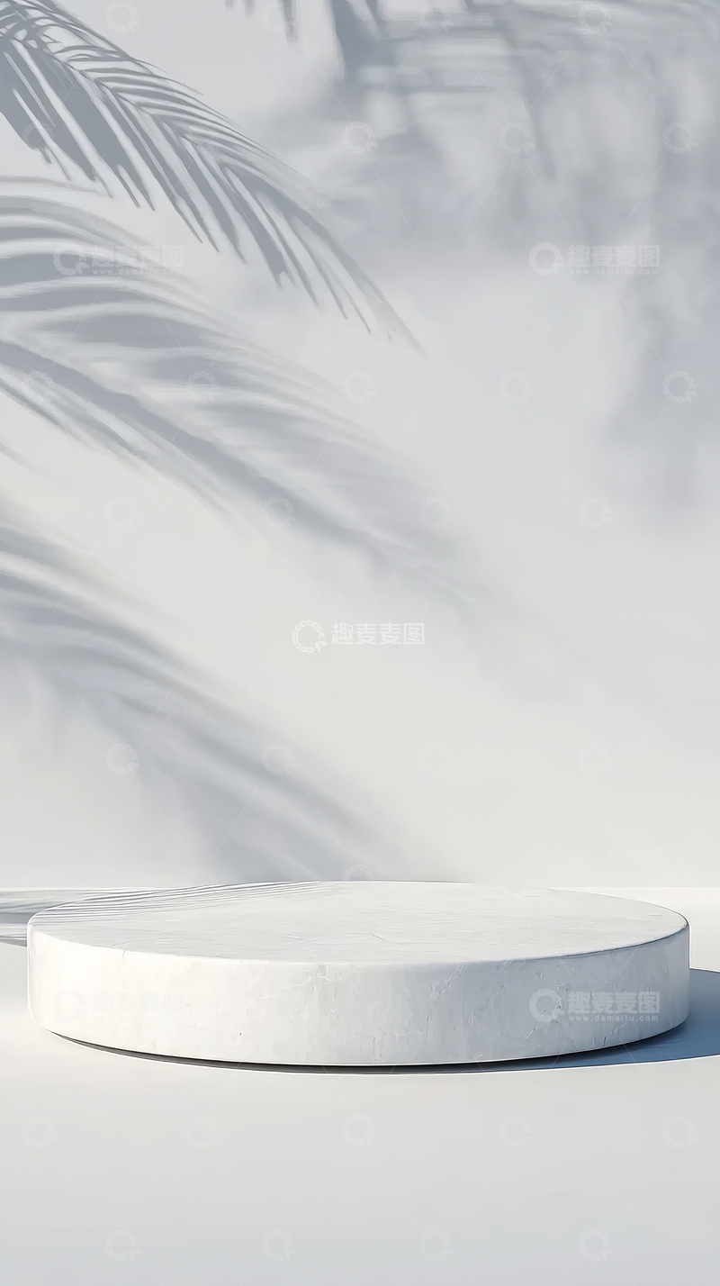 高清大图下载【趣麦麦图】白色圆形台面与棕榈叶影