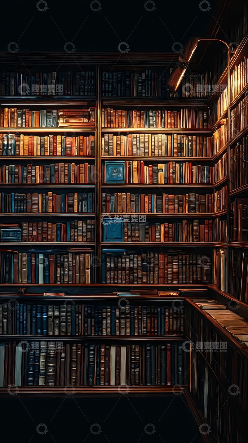 高清大图下载【趣麦麦图】书架满载书籍的昏暗书房