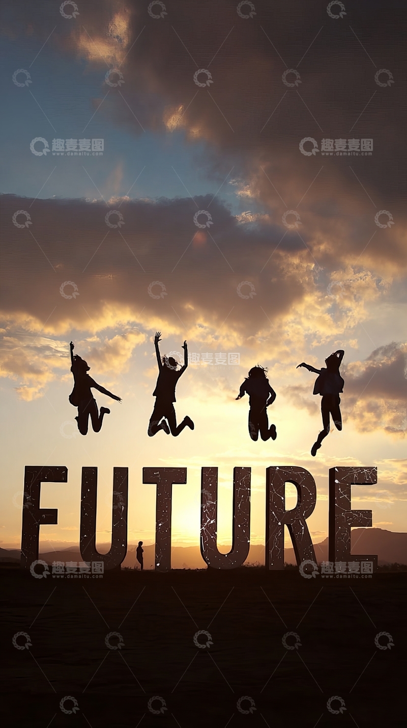 高清大图下载【趣麦麦图】剪影人物跳跃在巨大未来字样前