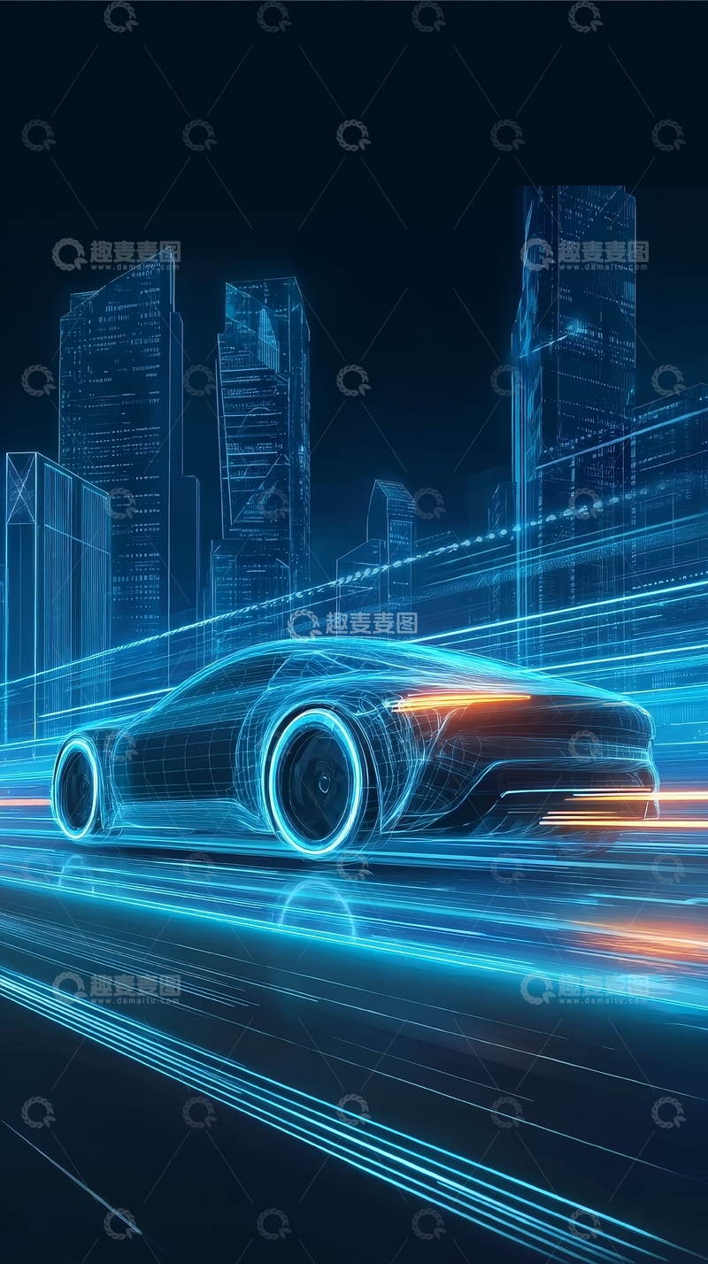 高清大图下载【趣麦麦图】未来城市中疾驰的发光汽车