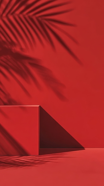 红色背景上的几何体与棕榈叶阴影