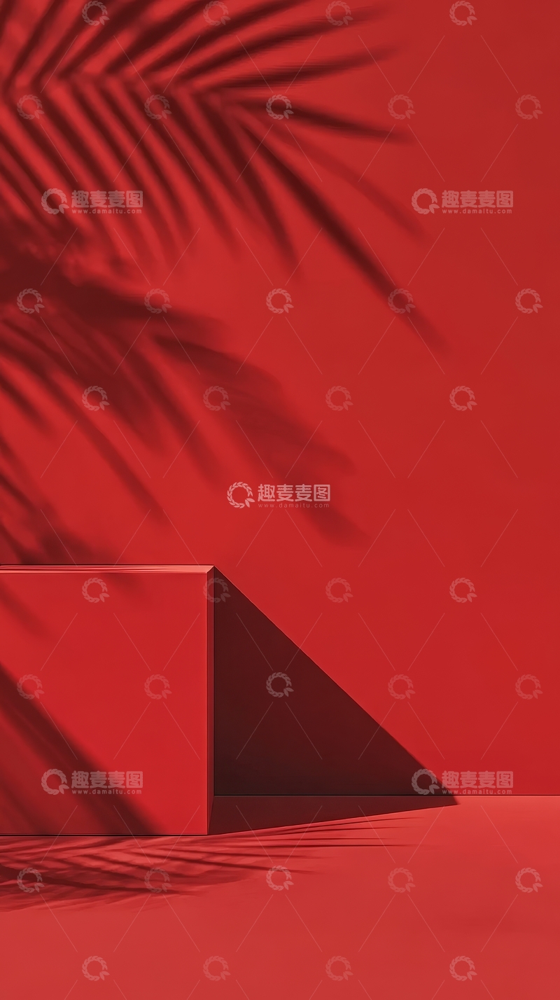 高清大图下载【趣麦麦图】-红色背景上的几何体与棕榈叶阴影