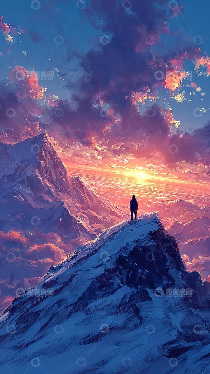 高清大图下载【趣麦麦图】一人站在雪山之巅仰望日落