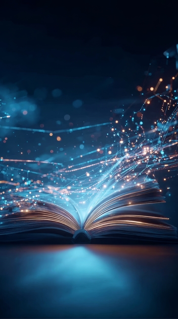 一本打开的书释放出光芒和粒子