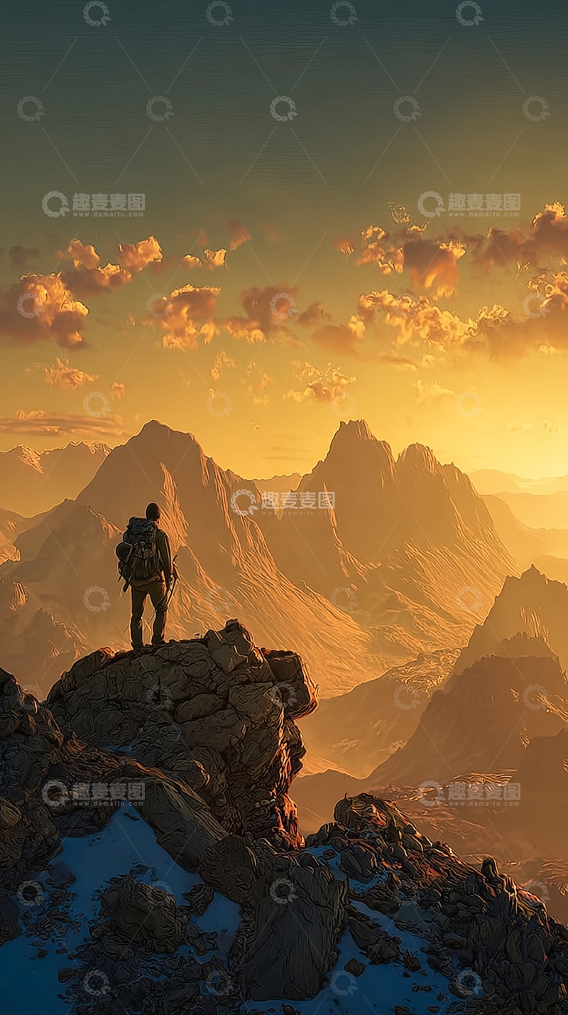 高清大图下载【趣麦麦图】登山者伫立山巅眺望日落