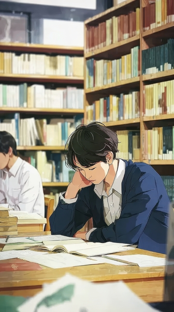 图书馆中学生专注学习
