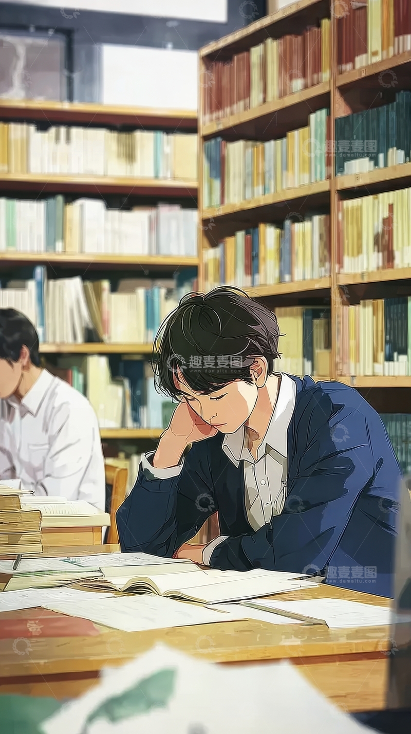 高清大图下载【趣麦麦图】图书馆中学生专注学习