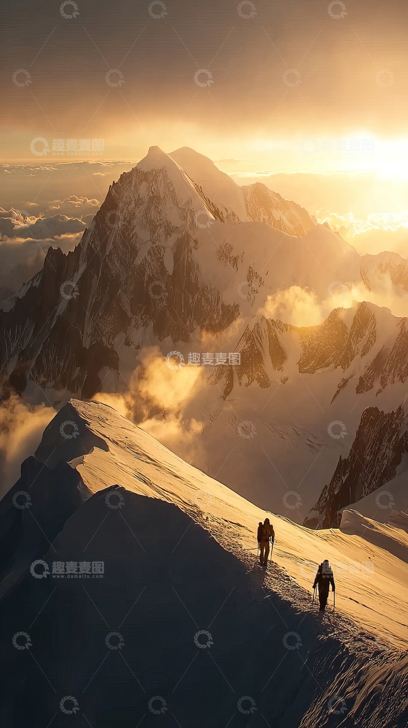 高清大图下载【趣麦麦图】两人在雪山之巅徒步前行