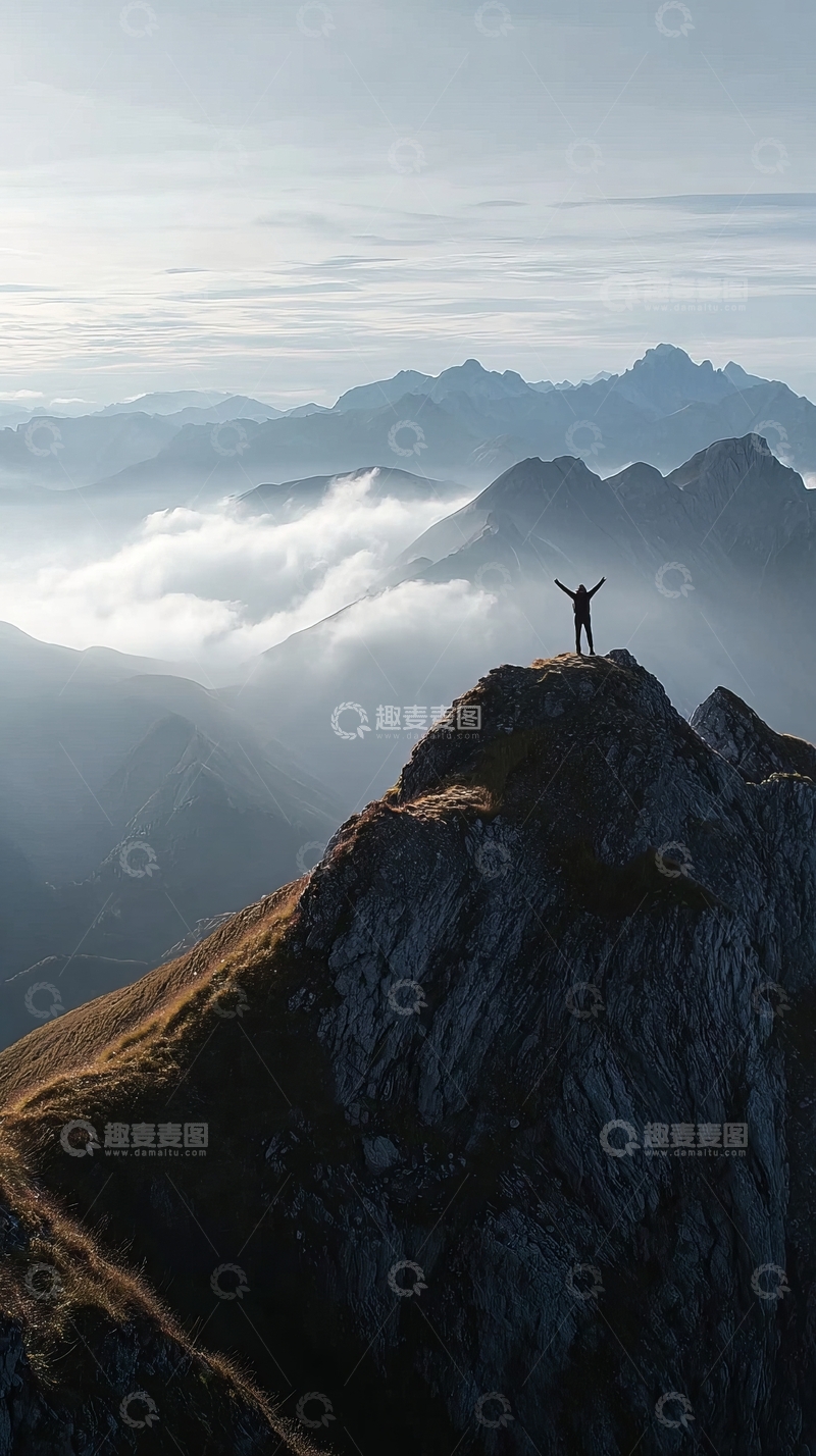 高清大图下载【趣麦麦图】一人站在山顶俯瞰云海