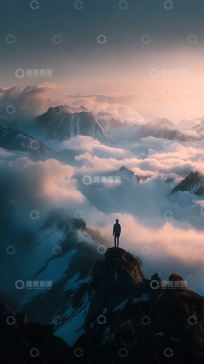 高清大图下载【趣麦麦图】一人站在山巅俯瞰云海