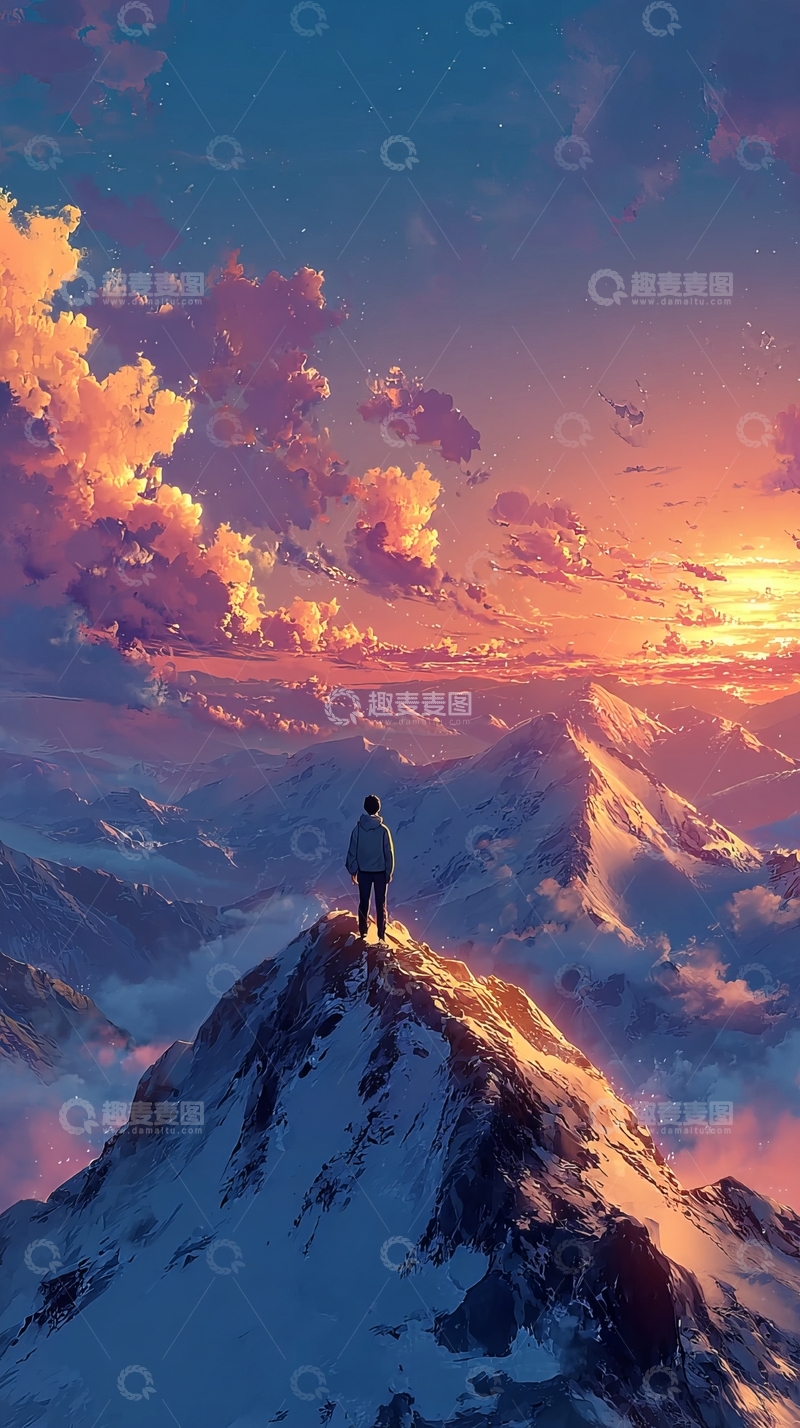 高清大图下载【趣麦麦图】一人站在雪山之巅眺望日落