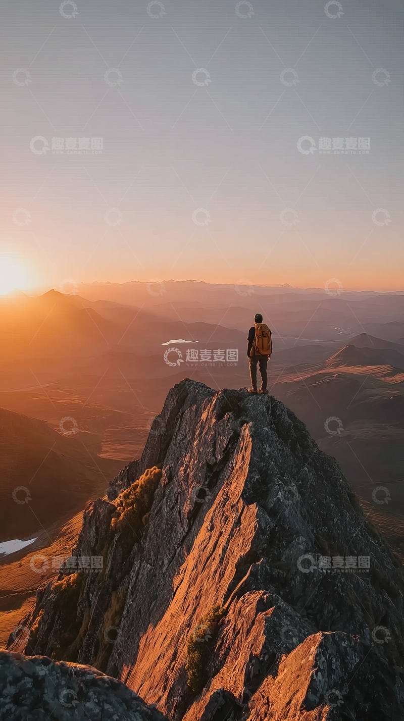 高清大图下载【趣麦麦图】一人站在山顶眺望日落