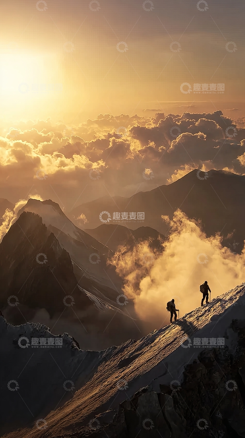 高清大图下载【趣麦麦图】登山者在雪山顶峰迎接日出