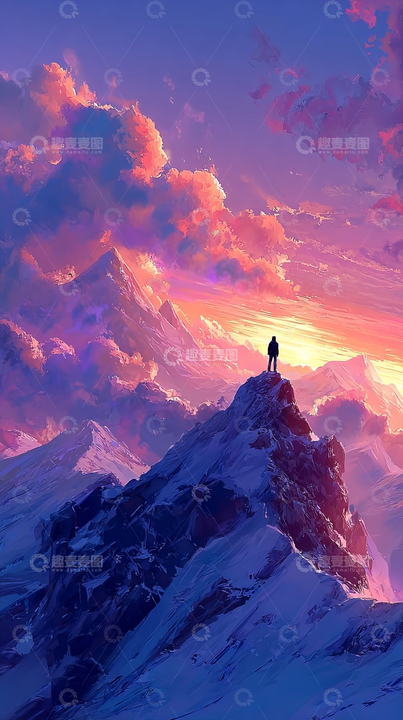 高清大图下载【趣麦麦图】一人站在雪山之巅仰望日落