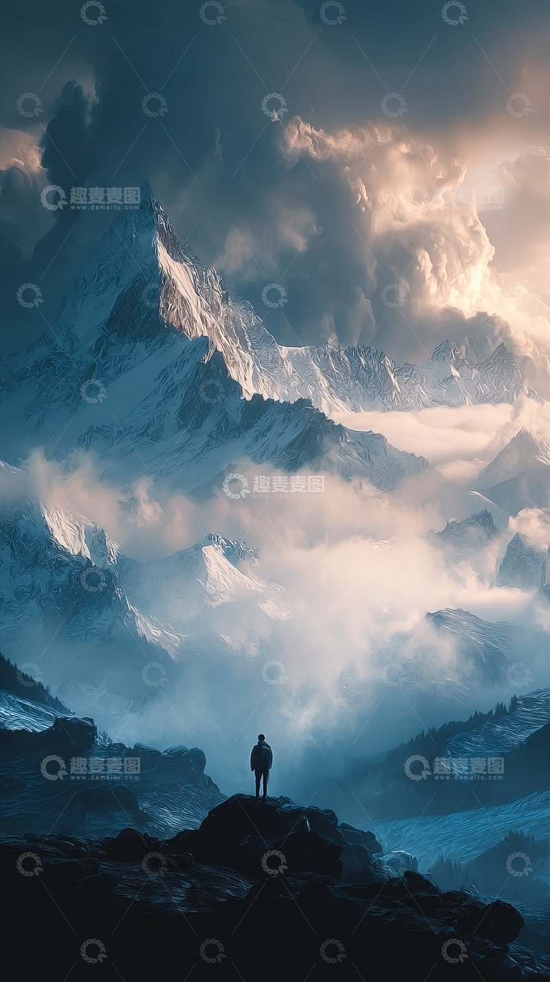 高清大图下载【趣麦麦图】一人伫立于雪山之巅仰望云海